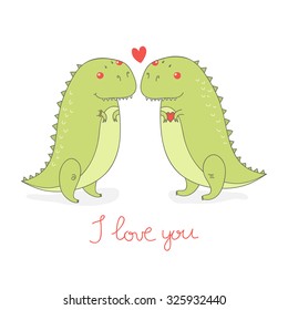 Valentines Day Cartoon Vector Illustration with funny dinosaurs in Love.