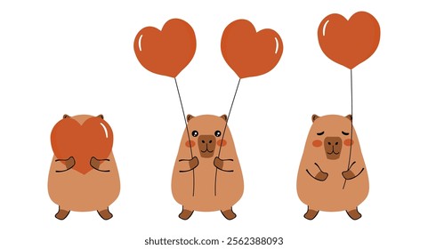 Valentine's day cartoons with capybara and red heart balloons isolated on white background vector.