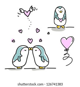 valentine's day cartoons set, cute penguins in love