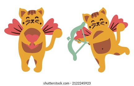 Valentine's day cat angel with heart. Set of 2 hand drawn characters