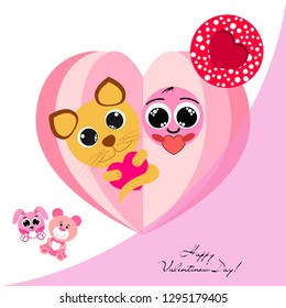 Valentine's Day, cat, bunny, bear, heart,smiley, vector background