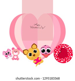 Valentine's Day, cat, bunny, bear, heart,smiley, vector background