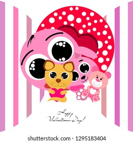 Valentine's Day, cat, bunny, bear, heart,smiley, vector background
