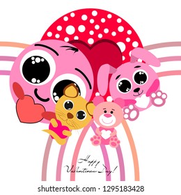 Valentine's Day, cat, bunny, bear, heart,smiley, vector background