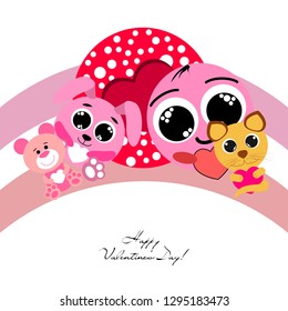 Valentine's Day, cat, bunny, bear, heart,smiley, vector background