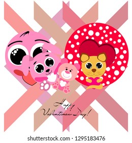 Valentine's Day, cat, bunny, bear, heart,smiley, vector background