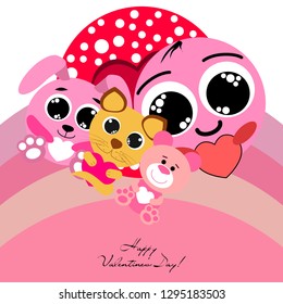 Valentine's Day, cat, bunny, bear, heart,smiley, vector background