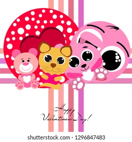 Valentine's Day, cat, bunny, bear, heart,smiley, vector background