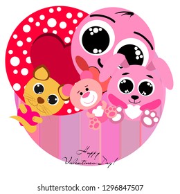 Valentine's Day, cat, bunny, bear, heart,smiley, vector background