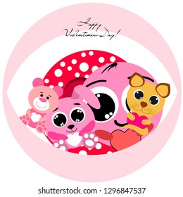 Valentine's Day, cat, bunny, bear, heart,smiley, vector background