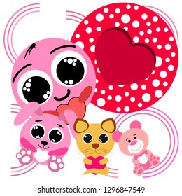 Valentine's Day, cat, bunny, bear, heart,smiley, vector background