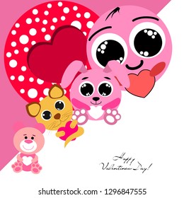Valentine's Day, cat, bunny, bear, heart,smiley, vector background
