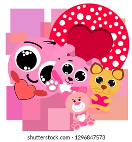 Valentine's Day, cat, bunny, bear, heart,smiley, vector background