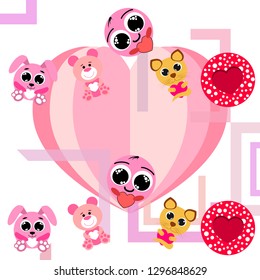 Valentine's Day, cat, bunny, bear, heart,smiley, vector background