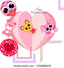 Valentine's Day, cat, bunny, bear, heart,smiley, vector background