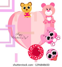 Valentine's Day, cat, bunny, bear, heart,smiley, vector background