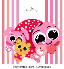 Valentine's Day, cat, bunny, bear, heart,smiley, vector background