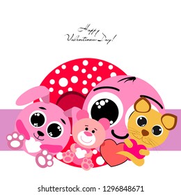 Valentine's Day, cat, bunny, bear, heart,smiley, vector background