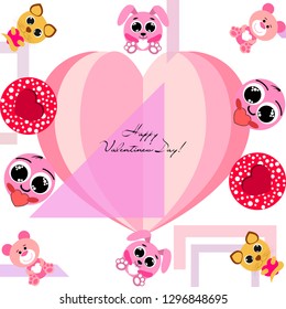 Valentine's Day, cat, bunny, bear, heart,smiley, vector background