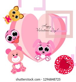 Valentine's Day, cat, bunny, bear, heart,smiley, vector background