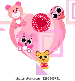 Valentine's Day, cat, bunny, bear, heart,smiley, vector background