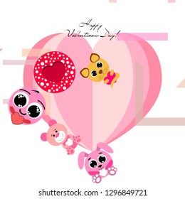Valentine's Day, cat, bunny, bear, heart,smiley, vector background