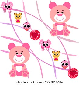 Valentine's Day, cat, bunny, bear, heart,smiley, vector background