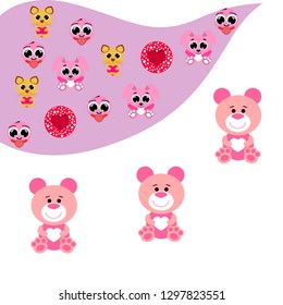 Valentine's Day, cat, bunny, bear, heart,smiley, vector background