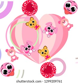Valentine's Day, cat, bunny, bear and heart smiley vector background