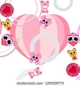Valentine's Day, cat, bunny, bear and heart smiley vector background