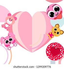 Valentine's Day, cat, bunny, bear and heart smiley vector background