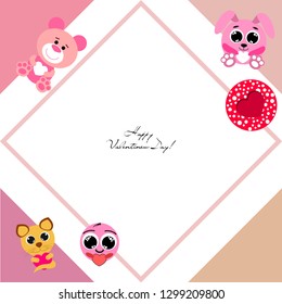 Valentine's Day, cat, bunny, bear and heart smiley vector background