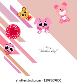 Valentine's Day, cat, bunny, bear and heart smiley vector background