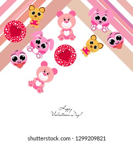 Valentine's Day, cat, bunny, bear and heart smiley vector background