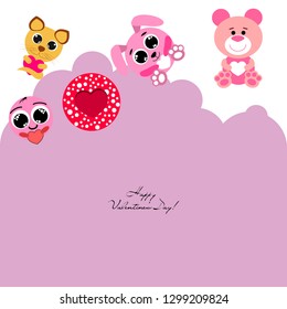 Valentine's Day, cat, bunny, bear and heart smiley vector background