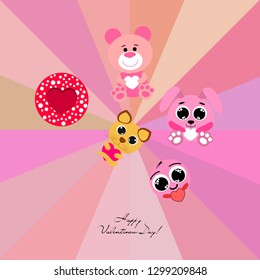 Valentine's Day, cat, bunny, bear and heart smiley vector background