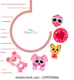 Valentine's Day, cat, bunny, bear and heart smiley vector background