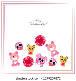 Valentine's Day, cat, bunny, bear and heart smiley vector background
