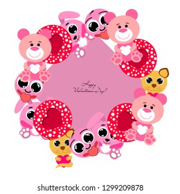 Valentine's Day, cat, bunny, bear and heart smiley vector background