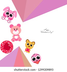 Valentine's Day, cat, bunny, bear and heart smiley vector background