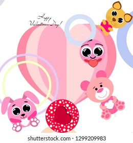 Valentine's Day, cat, bunny, bear and heart smiley vector background