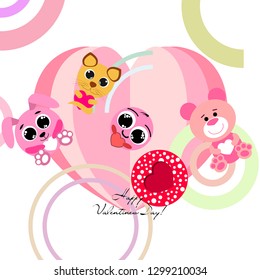 Valentine's Day, cat, bunny, bear and heart smiley vector background