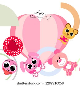 Valentine's Day, cat, bunny, bear and heart smiley vector background