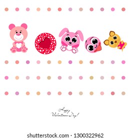 Valentine's Day, cat, bunny, bear, heart,smiley, vector background