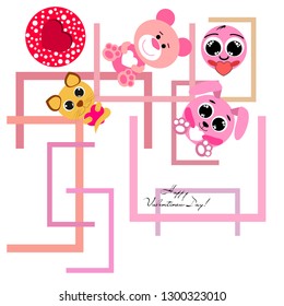 Valentine's Day, cat, bunny, bear, heart,smiley, vector background