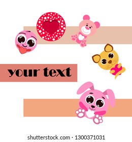 Valentine's Day, cat, bunny, bear, heart,smiley, vector background