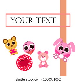Valentine's Day, cat, bunny, bear, heart,smiley, vector background