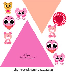 Valentine's Day, cat, bunny, bear, heart,smiley, vector background