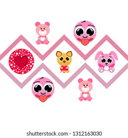 Valentine's Day, cat, bunny, bear, heart,smiley, vector background