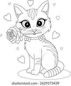 Valentine's Day cat coloring page with rose and hearts